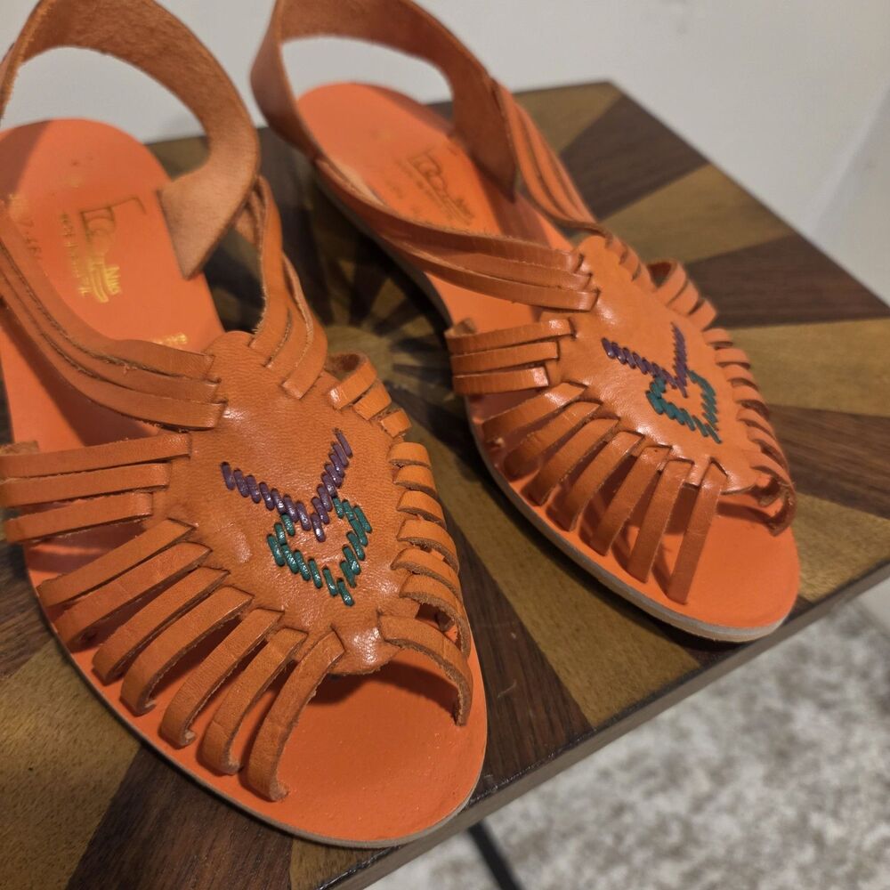 True Vintage 70s Foot Niks Sandals Shoes US 7B Orange Leather Boho Hippie Gypsy - Picture 4 of 11